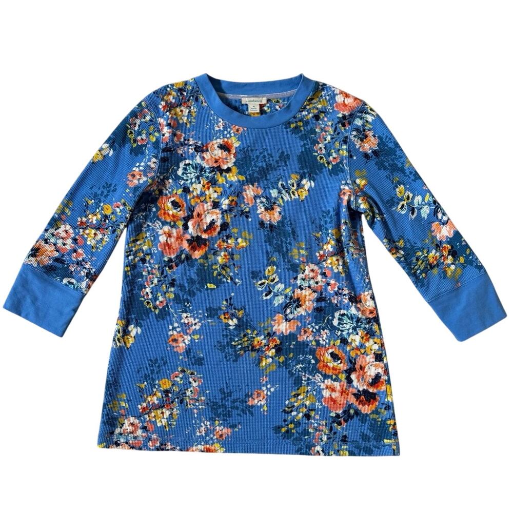 Sundance Blue Floral Waffle Knit Thermal Top Women’s M Long Sleeve Cotton Boho